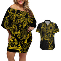 Filipino Sun Tribal Tattoo Couples Matching Off Shoulder Short Dress and Hawaiian Shirt Philippines Inspired Barong Simple Gold LT9 Gold - Polynesian Pride