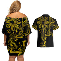 Filipino Sun Tribal Tattoo Couples Matching Off Shoulder Short Dress and Hawaiian Shirt Philippines Inspired Barong Simple Gold LT9 - Polynesian Pride