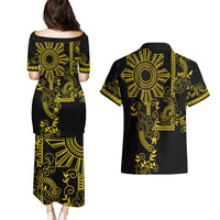Filipino Sun Tribal Tattoo Couples Matching Puletasi and Hawaiian Shirt Philippines Inspired Barong Simple Gold LT9 - Polynesian Pride