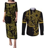 Filipino Sun Tribal Tattoo Couples Matching Puletasi and Long Sleeve Button Shirt Philippines Inspired Barong Simple Gold LT9 Gold - Polynesian Pride