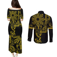 Filipino Sun Tribal Tattoo Couples Matching Puletasi and Long Sleeve Button Shirt Philippines Inspired Barong Simple Gold LT9 - Polynesian Pride