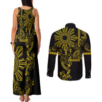 Filipino Sun Tribal Tattoo Couples Matching Tank Maxi Dress and Long Sleeve Button Shirt Philippines Inspired Barong Simple Gold