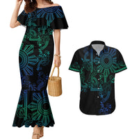 Filipino Sun Tribal Tattoo Couples Matching Mermaid Dress and Hawaiian Shirt Philippines Inspired Barong Blue Art LT9 Blue - Polynesian Pride