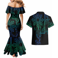 Filipino Sun Tribal Tattoo Couples Matching Mermaid Dress and Hawaiian Shirt Philippines Inspired Barong Blue Art LT9 - Polynesian Pride