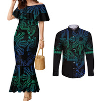 Filipino Sun Tribal Tattoo Couples Matching Mermaid Dress and Long Sleeve Button Shirt Philippines Inspired Barong Blue Art LT9 Blue - Polynesian Pride