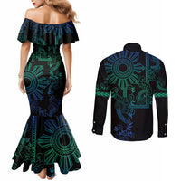 Filipino Sun Tribal Tattoo Couples Matching Mermaid Dress and Long Sleeve Button Shirt Philippines Inspired Barong Blue Art LT9 - Polynesian Pride