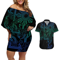 Filipino Sun Tribal Tattoo Couples Matching Off Shoulder Short Dress and Hawaiian Shirt Philippines Inspired Barong Blue Art LT9 Blue - Polynesian Pride