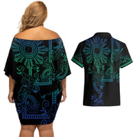 Filipino Sun Tribal Tattoo Couples Matching Off Shoulder Short Dress and Hawaiian Shirt Philippines Inspired Barong Blue Art LT9 - Polynesian Pride