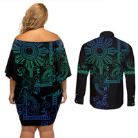 Filipino Sun Tribal Tattoo Couples Matching Off Shoulder Short Dress and Long Sleeve Button Shirt Philippines Inspired Barong Blue Art LT9 - Polynesian Pride