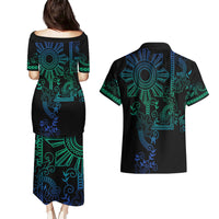 Filipino Sun Tribal Tattoo Couples Matching Puletasi and Hawaiian Shirt Philippines Inspired Barong Blue Art LT9 - Polynesian Pride