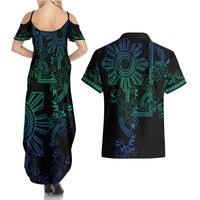 Filipino Sun Tribal Tattoo Couples Matching Summer Maxi Dress and Hawaiian Shirt Philippines Inspired Barong Blue Art LT9 - Polynesian Pride
