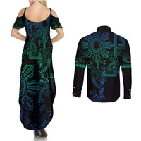Filipino Sun Tribal Tattoo Couples Matching Summer Maxi Dress and Long Sleeve Button Shirt Philippines Inspired Barong Blue Art LT9 - Polynesian Pride