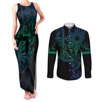 Filipino Sun Tribal Tattoo Couples Matching Tank Maxi Dress and Long Sleeve Button Shirt Philippines Inspired Barong Blue Art
