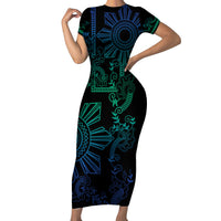Filipino Sun Tribal Tattoo Family Matching Short Sleeve Bodycon Dress and Hawaiian Shirt Philippines Inspired Barong Blue Art