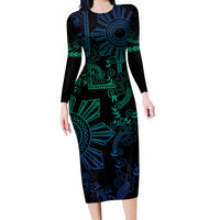 Filipino Sun Tribal Tattoo Long Sleeve Bodycon Dress Philippines Inspired Barong Blue Art
