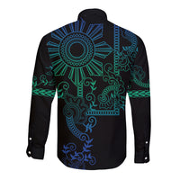 Filipino Sun Tribal Tattoo Long Sleeve Button Shirt Philippines Inspired Barong Blue Art