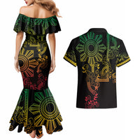 Filipino Sun Tribal Tattoo Couples Matching Mermaid Dress and Hawaiian Shirt Philippines Inspired Barong Reggae Art LT9 - Polynesian Pride