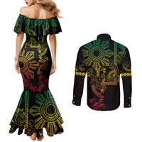 Filipino Sun Tribal Tattoo Couples Matching Mermaid Dress and Long Sleeve Button Shirt Philippines Inspired Barong Reggae Art