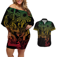 Filipino Sun Tribal Tattoo Couples Matching Off Shoulder Short Dress and Hawaiian Shirt Philippines Inspired Barong Reggae Art LT9 Reggae - Polynesian Pride