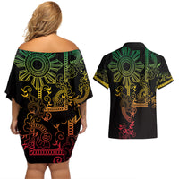 Filipino Sun Tribal Tattoo Couples Matching Off Shoulder Short Dress and Hawaiian Shirt Philippines Inspired Barong Reggae Art LT9 - Polynesian Pride