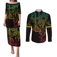 Filipino Sun Tribal Tattoo Couples Matching Puletasi and Long Sleeve Button Shirt Philippines Inspired Barong Reggae Art