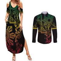 Filipino Sun Tribal Tattoo Couples Matching Summer Maxi Dress and Long Sleeve Button Shirt Philippines Inspired Barong Reggae Art