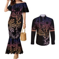 Filipino Sun Tribal Tattoo Couples Matching Mermaid Dress and Long Sleeve Button Shirt Philippines Inspired Barong Pink Art LT9 Pink - Polynesian Pride
