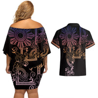Filipino Sun Tribal Tattoo Couples Matching Off Shoulder Short Dress and Hawaiian Shirt Philippines Inspired Barong Pink Art LT9 - Polynesian Pride