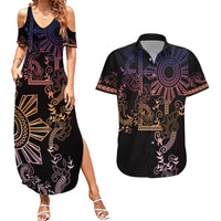 Filipino Sun Tribal Tattoo Couples Matching Summer Maxi Dress and Hawaiian Shirt Philippines Inspired Barong Pink Art