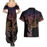 Filipino Sun Tribal Tattoo Couples Matching Summer Maxi Dress and Hawaiian Shirt Philippines Inspired Barong Pink Art LT9 - Polynesian Pride