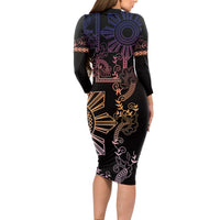 Filipino Sun Tribal Tattoo Long Sleeve Bodycon Dress Philippines Inspired Barong Pink Art