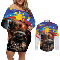 Philippines Lion and Eagle 1898 Couples Matching Off Shoulder Short Dress and Long Sleeve Button Shirt Pilipinas Maligayang Araw ng Kalayaan LT9 Black - Polynesian Pride