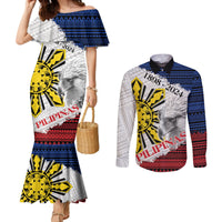 Philippines 126th Independence Day Couples Matching Mermaid Dress and Long Sleeve Button Shirt Pilipinas Hunyo 12 Maligayang Araw ng Kalayaan LT9 White - Polynesian Pride