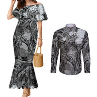 Pacific Beauty Girl Couples Matching Mermaid Dress and Long Sleeve Button Shirt Black Polyneisan Tribal Vintage Motif LT9 Black - Polynesian Pride