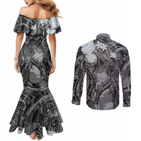 Pacific Beauty Girl Couples Matching Mermaid Dress and Long Sleeve Button Shirt Black Polyneisan Tribal Vintage Motif LT9 - Polynesian Pride