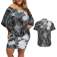 Pacific Beauty Girl Couples Matching Off Shoulder Short Dress and Hawaiian Shirt Black Polyneisan Tribal Vintage Motif LT9 Black - Polynesian Pride