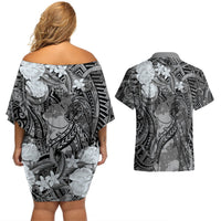 Pacific Beauty Girl Couples Matching Off Shoulder Short Dress and Hawaiian Shirt Black Polyneisan Tribal Vintage Motif LT9 - Polynesian Pride