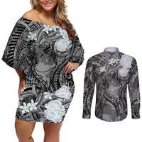 Pacific Beauty Girl Couples Matching Off Shoulder Short Dress and Long Sleeve Button Shirt Black Polyneisan Tribal Vintage Motif LT9 Black - Polynesian Pride