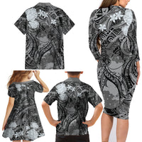 Pacific Beauty Girl Family Matching Long Sleeve Bodycon Dress and Hawaiian Shirt Black Polyneisan Tribal Vintage Motif