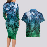 Pacific Beauty Girl Couples Matching Long Sleeve Bodycon Dress and Hawaiian Shirt Blue Polyneisan Tribal Vintage Motif LT9 - Polynesian Pride