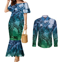 Pacific Beauty Girl Couples Matching Mermaid Dress and Long Sleeve Button Shirt Blue Polyneisan Tribal Vintage Motif LT9 Blue - Polynesian Pride