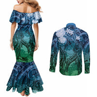 Pacific Beauty Girl Couples Matching Mermaid Dress and Long Sleeve Button Shirt Blue Polyneisan Tribal Vintage Motif LT9 - Polynesian Pride