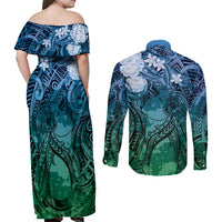 Pacific Beauty Girl Couples Matching Off Shoulder Maxi Dress and Long Sleeve Button Shirt Blue Polyneisan Tribal Vintage Motif LT9 - Polynesian Pride