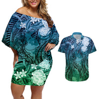 Pacific Beauty Girl Couples Matching Off Shoulder Short Dress and Hawaiian Shirt Blue Polyneisan Tribal Vintage Motif LT9 Blue - Polynesian Pride