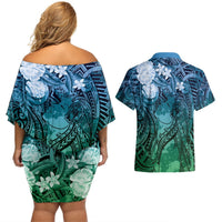 Pacific Beauty Girl Couples Matching Off Shoulder Short Dress and Hawaiian Shirt Blue Polyneisan Tribal Vintage Motif LT9 - Polynesian Pride
