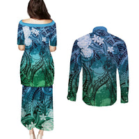 Pacific Beauty Girl Couples Matching Puletasi and Long Sleeve Button Shirt Blue Polyneisan Tribal Vintage Motif