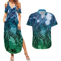 Pacific Beauty Girl Couples Matching Summer Maxi Dress and Hawaiian Shirt Blue Polyneisan Tribal Vintage Motif LT9 Blue - Polynesian Pride