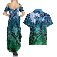 Pacific Beauty Girl Couples Matching Summer Maxi Dress and Hawaiian Shirt Blue Polyneisan Tribal Vintage Motif LT9 - Polynesian Pride