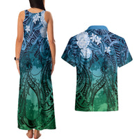 Pacific Beauty Girl Couples Matching Tank Maxi Dress and Hawaiian Shirt Blue Polyneisan Tribal Vintage Motif LT9 - Polynesian Pride