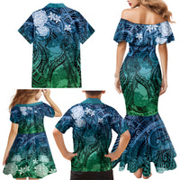 Pacific Beauty Girl Family Matching Mermaid Dress and Hawaiian Shirt Blue Polyneisan Tribal Vintage Motif